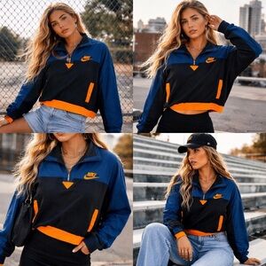Nike Women's XL Blue Gray Orange Half-Zip Fleece Pullover Windbreaker Jacket